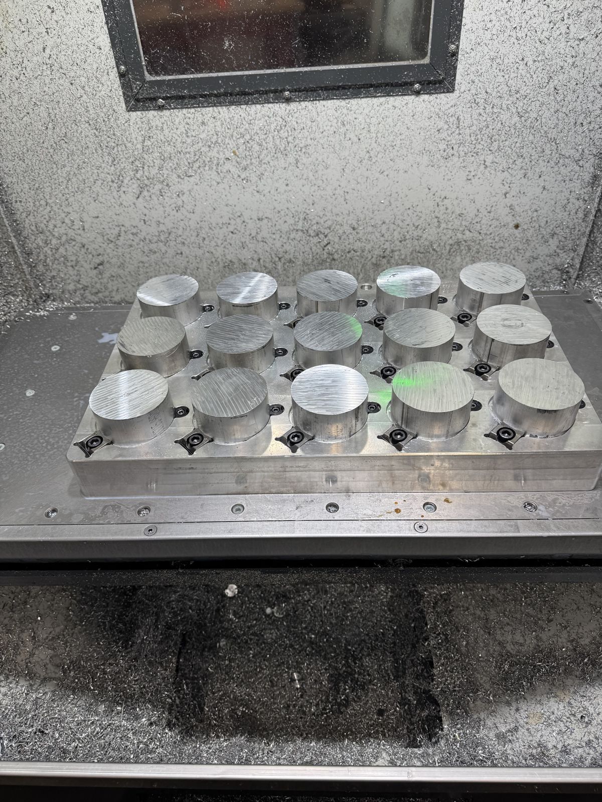 Fifteen aluminum blanks loaded on a fixture plate